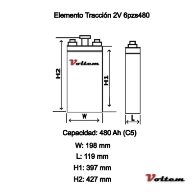 Elemento Traccion 2V 6 PzS 480 Ah Esquema Medidas