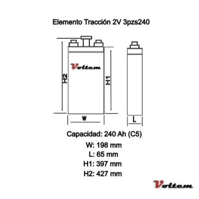 Elemento Traccion 2V 3 PzS 240 Ah Esquema Medidas